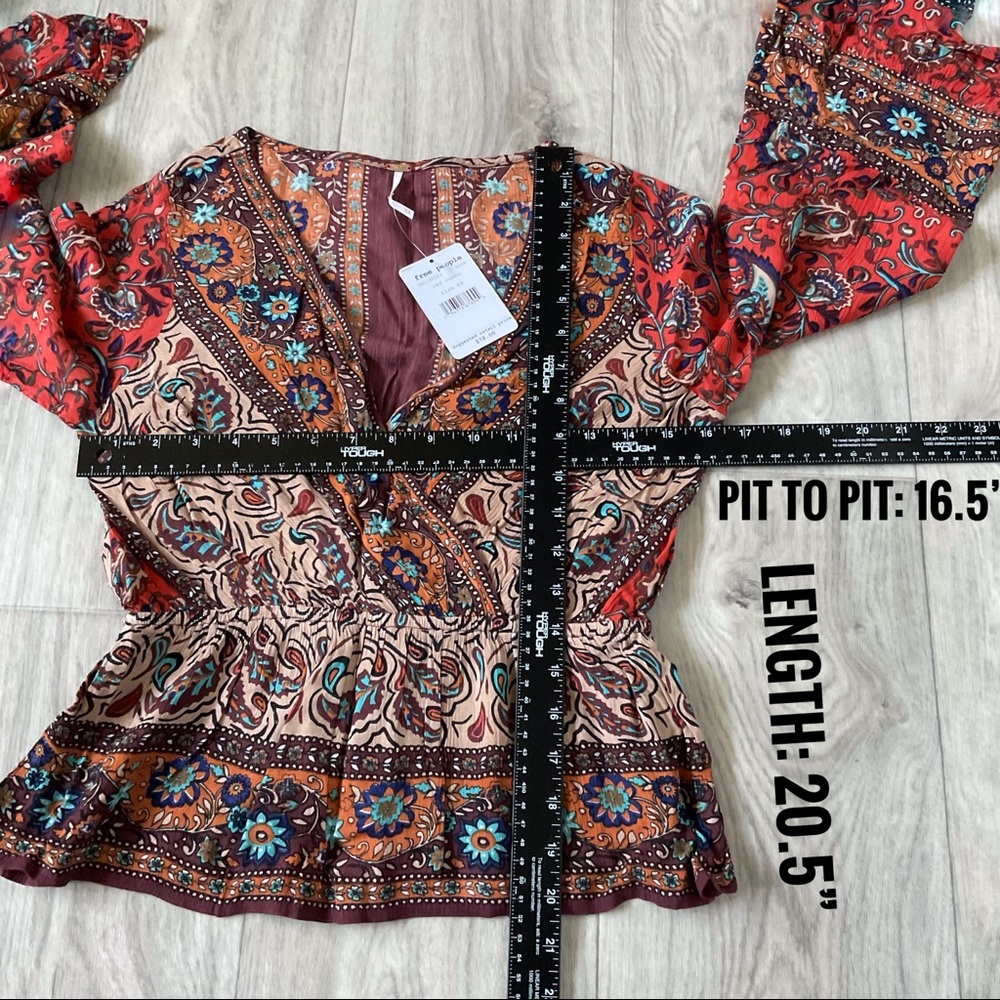 NWT Free People  Boho  Red Combo Wrap Top XS Bell Sleeves, Long Sleeves - Picture 9 of 13